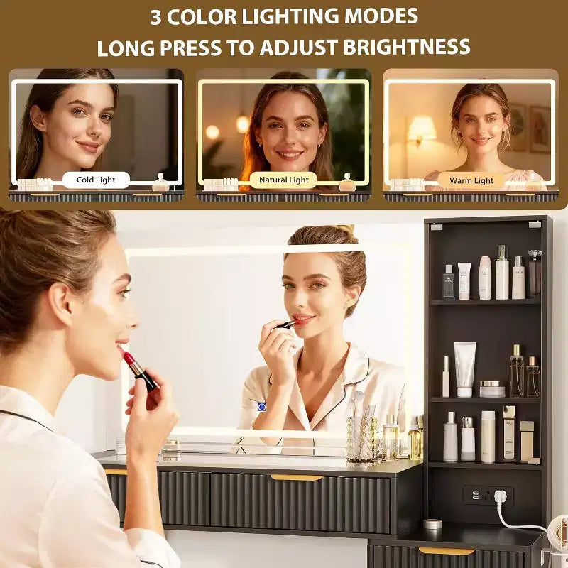 Coiffeuse cannelée de 122 cm avec miroir LED 36 lumières, 3 modes d'éclairage et prises intégrées, table de maquillage avec 5 tiroirs de rangement et plateau en verre pour chambre, gris
