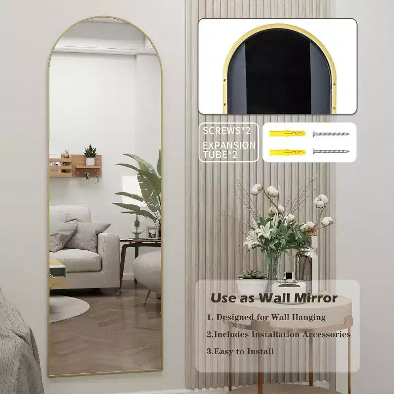 Miroir de porte doré 14x48 à suspendre ou mural, arqué sur toute la longueur, installation facile