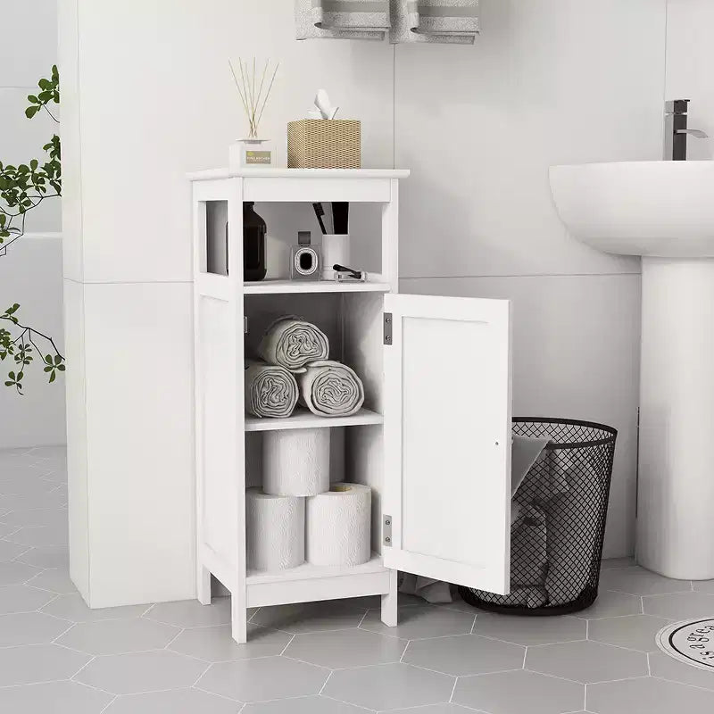 Meuble de rangement multifonctionnel en bois à porte simple pour salle de bain avec étagère réglable et étagère ouverte pour salle de bain, cuisine, salon, blanc