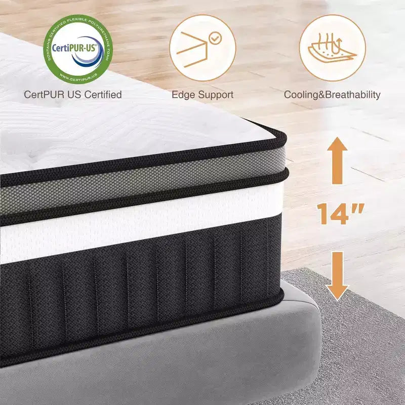 Matelas Queen 14 pouces en boîte, mousse à mémoire de forme gel rafraîchissante avec ressorts ensachés, fermeté moyenne, soulagement de la pression, isolation des mouvements, certifié CertiPUR-US