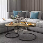Ensemble de 2 tables basses gigognes, plateau en bois motif marbre avec cadre en métal robuste, table d'appoint ronde de 70 cm pour salon, chambre, balcon, jardin