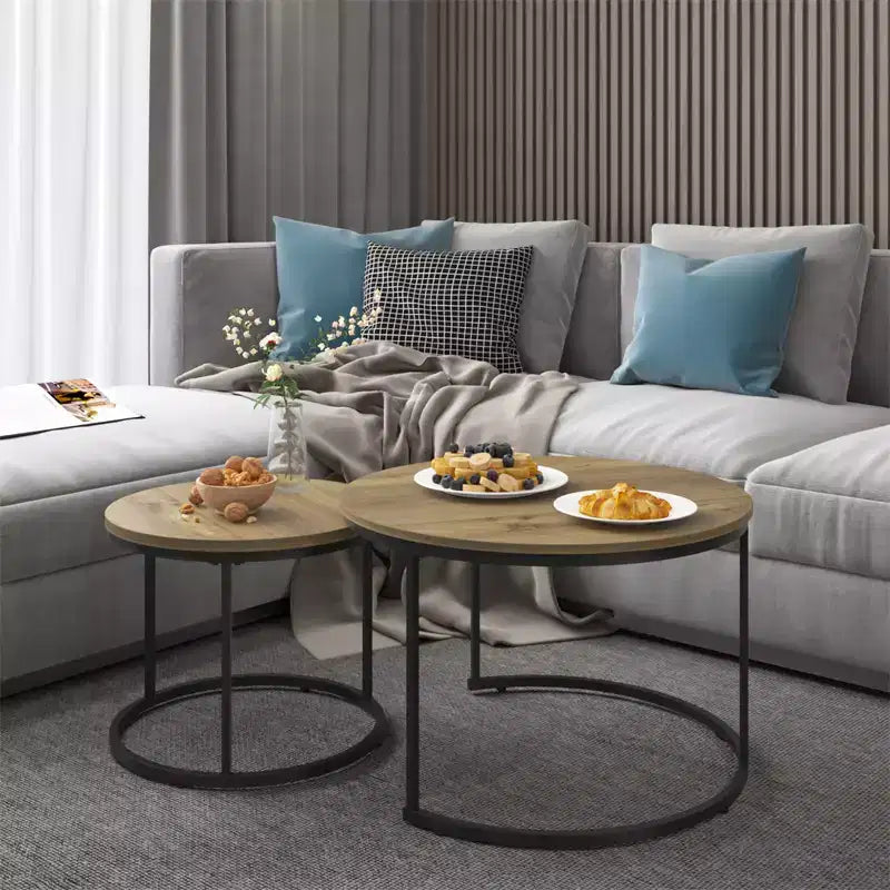 Ensemble de 2 tables basses gigognes, plateau en bois motif marbre avec cadre en métal robuste, table d'appoint ronde de 70 cm pour salon, chambre, balcon, jardin
