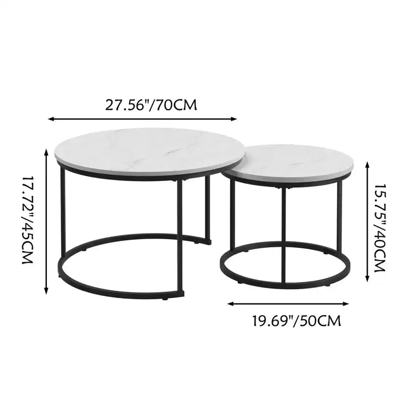 Ensemble de 2 tables basses gigognes, plateau en bois motif marbre avec cadre en métal robuste, table d'appoint ronde de 70 cm pour salon, chambre, balcon, jardin