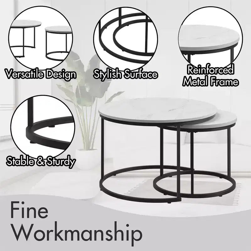 Ensemble de 2 tables basses gigognes, plateau en bois motif marbre avec cadre en métal robuste, table d'appoint ronde de 70 cm pour salon, chambre, balcon, jardin