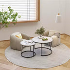 Ensemble de 2 tables basses gigognes, plateau en bois motif marbre avec cadre en métal robuste, table d'appoint ronde de 70 cm pour salon, chambre, balcon, jardin