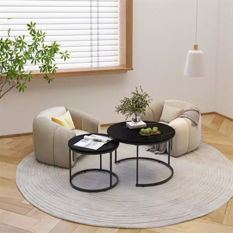 Ensemble de 2 tables basses gigognes, plateau en bois motif marbre avec cadre en métal robuste, table d'appoint ronde de 70 cm pour salon, chambre, balcon, jardin