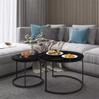 Ensemble de 2 tables basses gigognes, plateau en bois motif marbre avec cadre en métal robuste, table d'appoint ronde de 70 cm pour salon, chambre, balcon, jardin