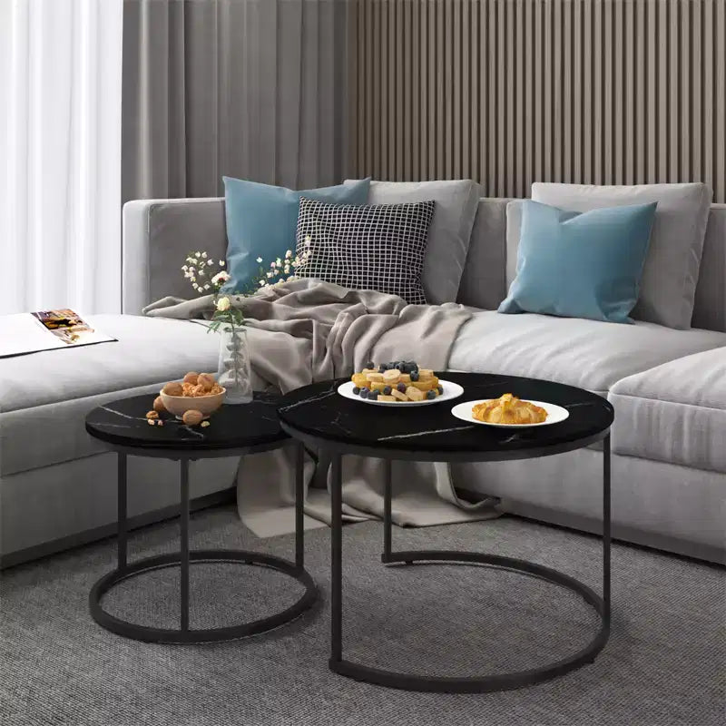 Ensemble de 2 tables basses gigognes, plateau en bois motif marbre avec cadre en métal robuste, table d'appoint ronde de 70 cm pour salon, chambre, balcon, jardin