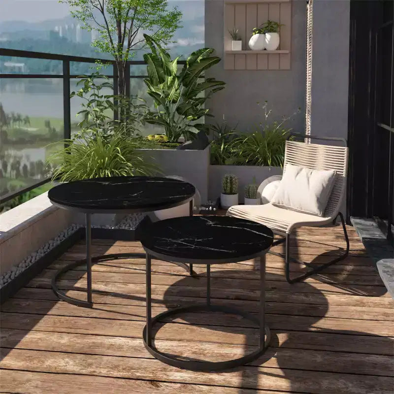 Ensemble de 2 tables basses gigognes, plateau en bois motif marbre avec cadre en métal robuste, table d'appoint ronde de 70 cm pour salon, chambre, balcon, jardin