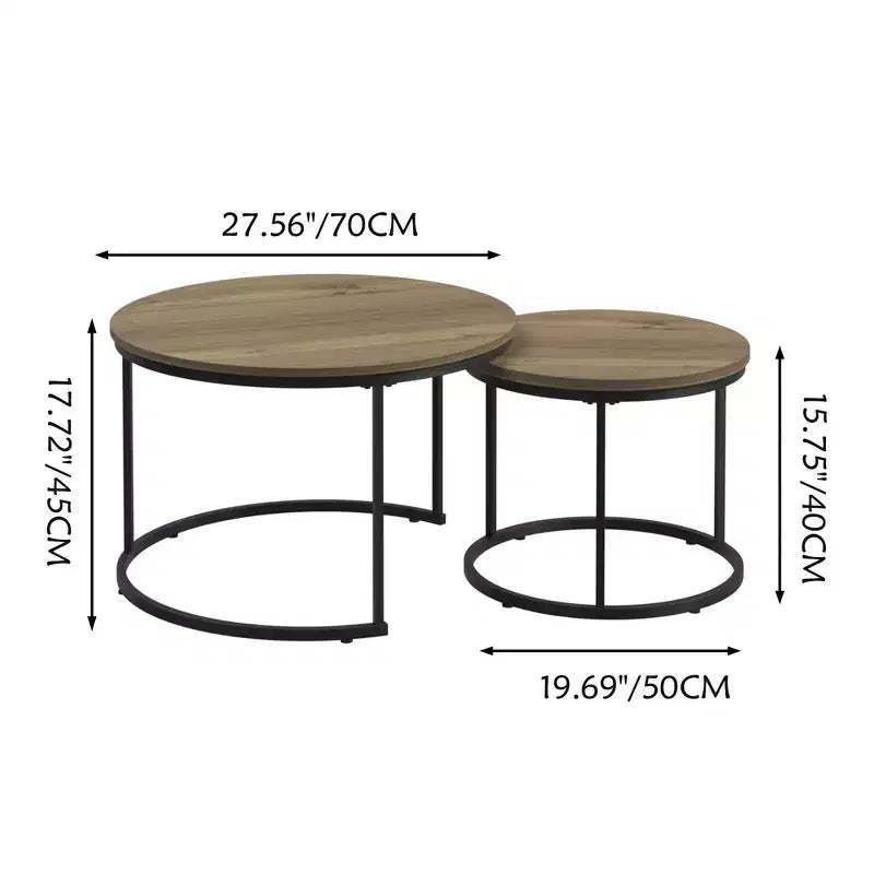 Ensemble de 2 tables basses gigognes, plateau en bois motif marbre avec cadre en métal robuste, table d'appoint ronde de 70 cm pour salon, chambre, balcon, jardin