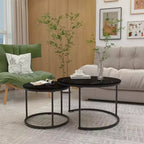 Nesting Coffee Table Set of 2, Wood Marble Pattern Top with Sturdy Metal Frame, 27.6in Round Side Table for Living Room Bedroom Balcony Yard