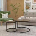 Ensemble de 2 tables basses gigognes, plateau en bois motif marbre avec cadre en métal robuste, table d'appoint ronde de 70 cm pour salon, chambre, balcon, jardin