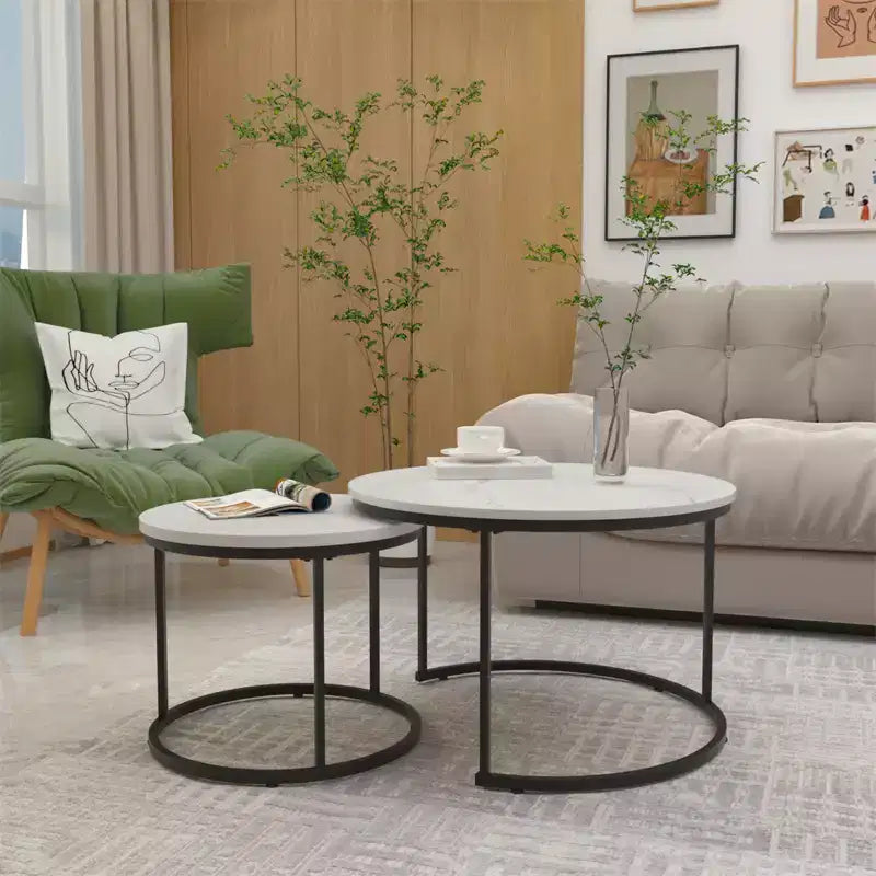 Ensemble de 2 tables basses gigognes, plateau en bois motif marbre avec cadre en métal robuste, table d'appoint ronde de 70 cm pour salon, chambre, balcon, jardin