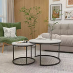 Ensemble de 2 tables basses gigognes, plateau en bois motif marbre avec cadre en métal robuste, table d'appoint ronde de 70 cm pour salon, chambre, balcon, jardin