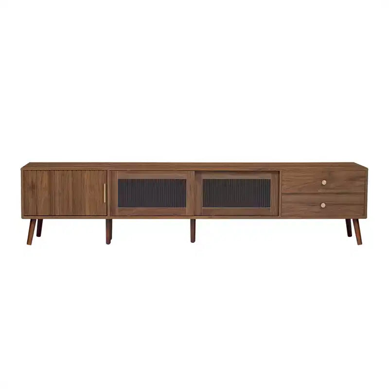 JVNOXKMeuble TV d'appoint moderne et minimaliste de 76 pouces en grain de bois avec portes vitrées, adapté aux téléviseurs jusqu'à 85 pouces, avec fonctionnalité de rangement