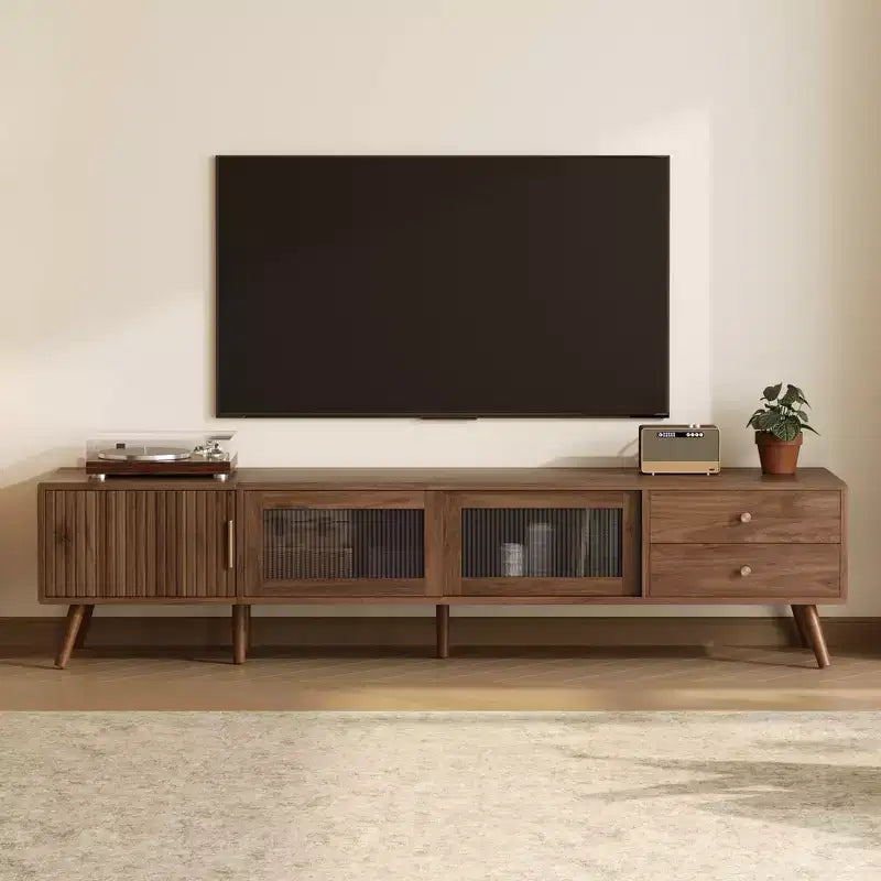 JVNOXKMeuble TV d'appoint moderne et minimaliste de 76 pouces en grain de bois avec portes vitrées, adapté aux téléviseurs jusqu'à 85 pouces, avec fonctionnalité de rangement
