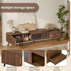 JVNOXKMeuble TV d'appoint moderne et minimaliste de 76 pouces en grain de bois avec portes vitrées, adapté aux téléviseurs jusqu'à 85 pouces, avec fonctionnalité de rangement