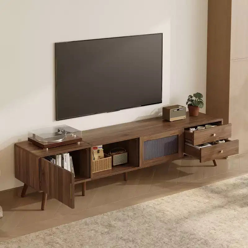JVNOXKMeuble TV d'appoint moderne et minimaliste de 76 pouces en grain de bois avec portes vitrées, adapté aux téléviseurs jusqu'à 85 pouces, avec fonctionnalité de rangement