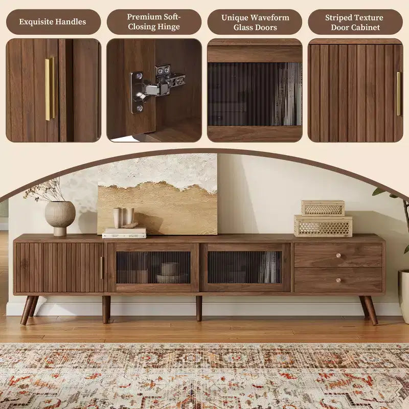 JVNOXKMeuble TV d'appoint moderne et minimaliste de 76 pouces en grain de bois avec portes vitrées, adapté aux téléviseurs jusqu'à 85 pouces, avec fonctionnalité de rangement