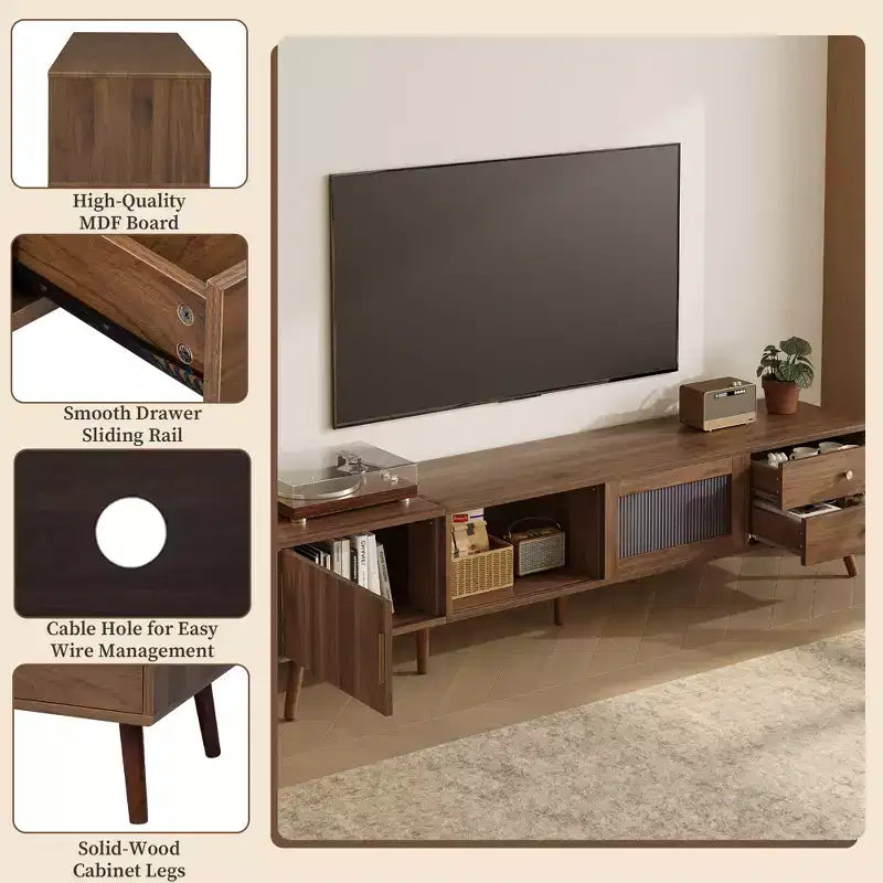 JVNOXKMeuble TV d'appoint moderne et minimaliste de 76 pouces en grain de bois avec portes vitrées, adapté aux téléviseurs jusqu'à 85 pouces, avec fonctionnalité de rangement
