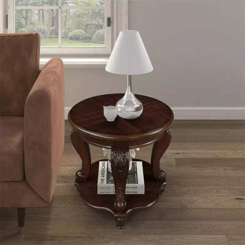 22in Retro Round End Table, Solid Wood Sofa Side Table with Shelf, Living Room Corner Table, Easy Assemble