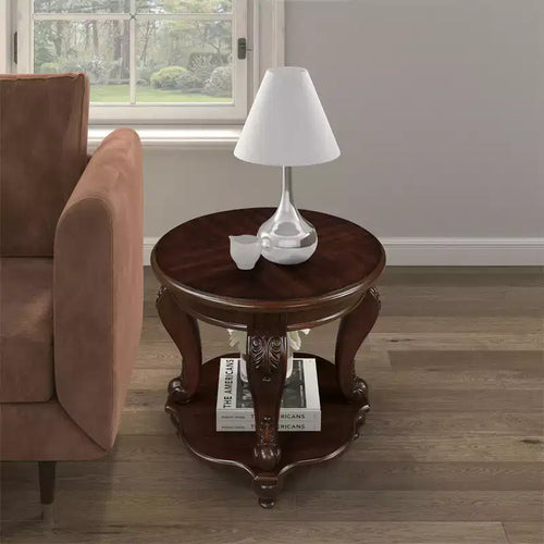 22in Retro Round End Table, Solid Wood Sofa Side Table with Shelf, Living Room Corner Table, Easy Assemble