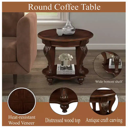 Table d'appoint ronde rétro de 56 cm, table basse en bois massif avec étagère, table d'angle pour salon, montage facile