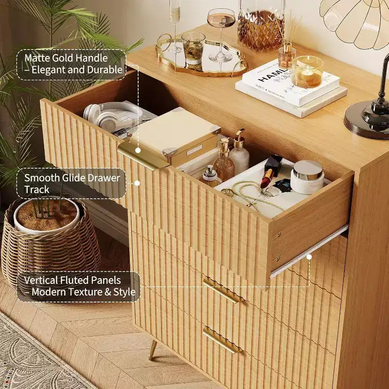 Commode cannelée pour chambre à coucher avec 5 tiroirs, commode de chambre moderne de 81 cm de large en bois avec poignée en métal, organisateur de rangement pour vêtements, meuble TV
