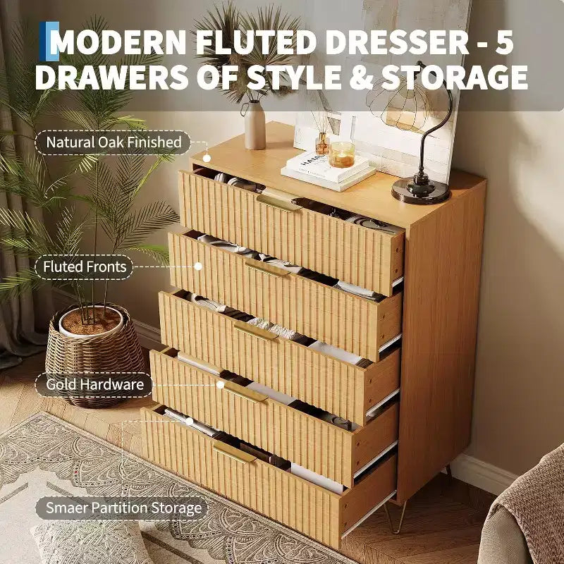 Commode cannelée pour chambre à coucher avec 5 tiroirs, commode de chambre moderne de 81 cm de large en bois avec poignée en métal, organisateur de rangement pour vêtements, meuble TV