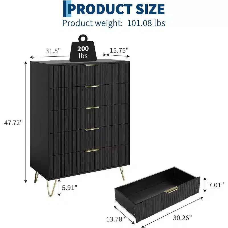 Commode cannelée pour chambre à coucher avec 5 tiroirs, commode de chambre moderne de 81 cm de large en bois avec poignée en métal, organisateur de rangement pour vêtements, meuble TV