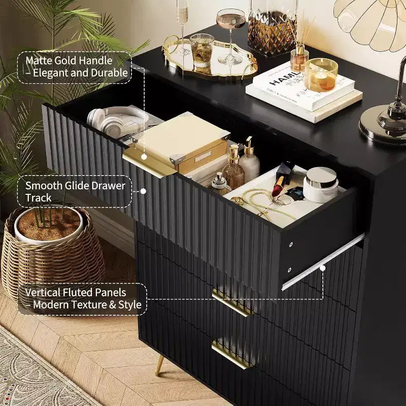 Commode cannelée pour chambre à coucher avec 5 tiroirs, commode de chambre moderne de 81 cm de large en bois avec poignée en métal, organisateur de rangement pour vêtements, meuble TV