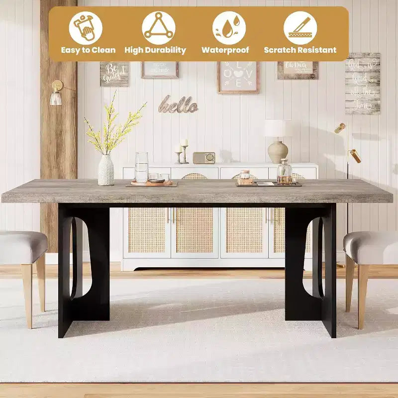 Table de salle à manger pour 6-8 personnes, 180 cm, table de cuisine longue et moderne avec grand plateau et pieds colonnes robustes, table à dîner pour la maison et la salle de conférence