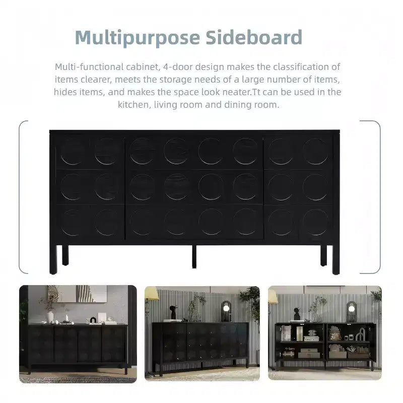 Buffet de salle à manger avec rangement, meuble de bar à café en bois, armoire de rangement console avec 4 portes à motif circulaire géométrique, buffet noir