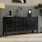Buffet de salle à manger avec rangement, meuble de bar à café en bois, armoire de rangement console avec 4 portes à motif circulaire géométrique, buffet noir