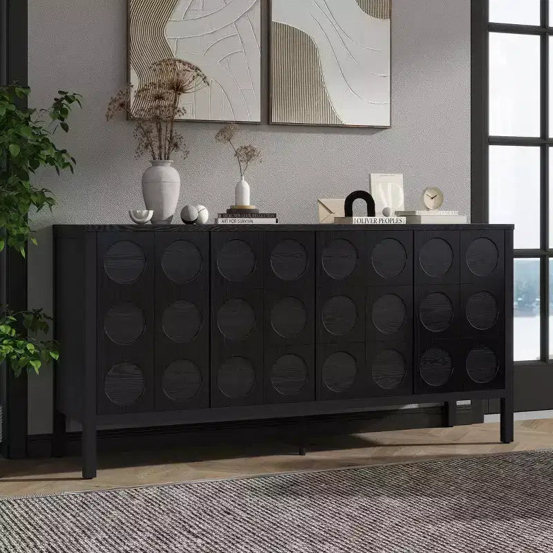 Buffet de salle à manger avec rangement, meuble de bar à café en bois, armoire de rangement console avec 4 portes à motif circulaire géométrique, buffet noir