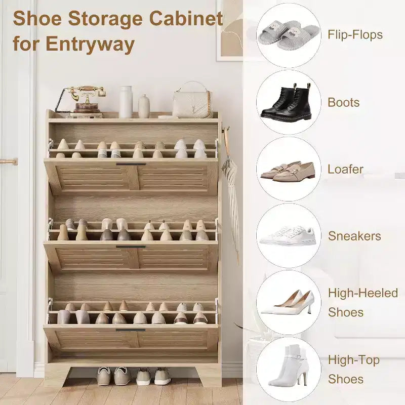 Meuble à chaussures à tiroirs basculants Acekool avec étagères réglables et portes à persiennes, organisateur d'entrée avec crochets