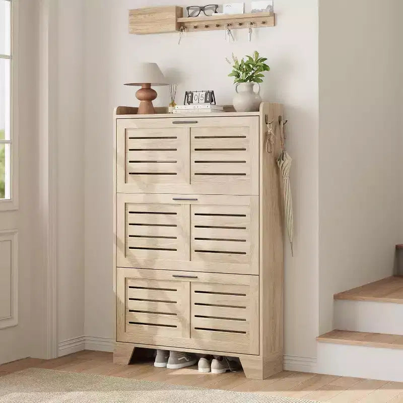 Meuble à chaussures à tiroirs basculants Acekool avec étagères réglables et portes à persiennes, organisateur d'entrée avec crochets