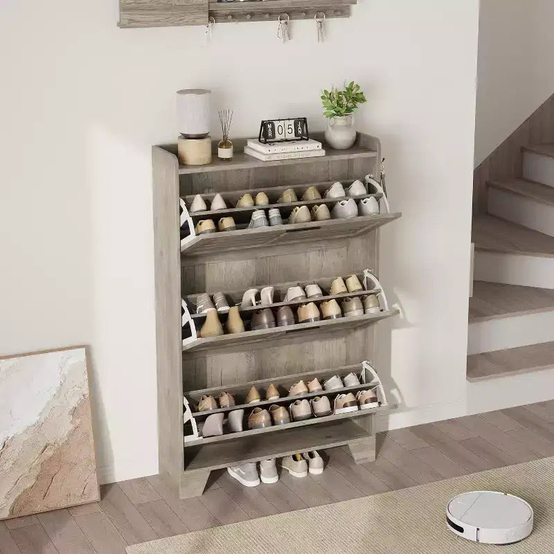 Meuble à chaussures à tiroirs basculants Acekool avec étagères réglables et portes à persiennes, organisateur d'entrée avec crochets