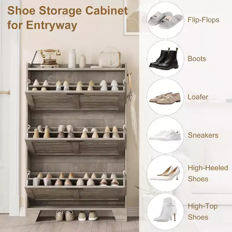 Meuble à chaussures à tiroirs basculants Acekool avec étagères réglables et portes à persiennes, organisateur d'entrée avec crochets