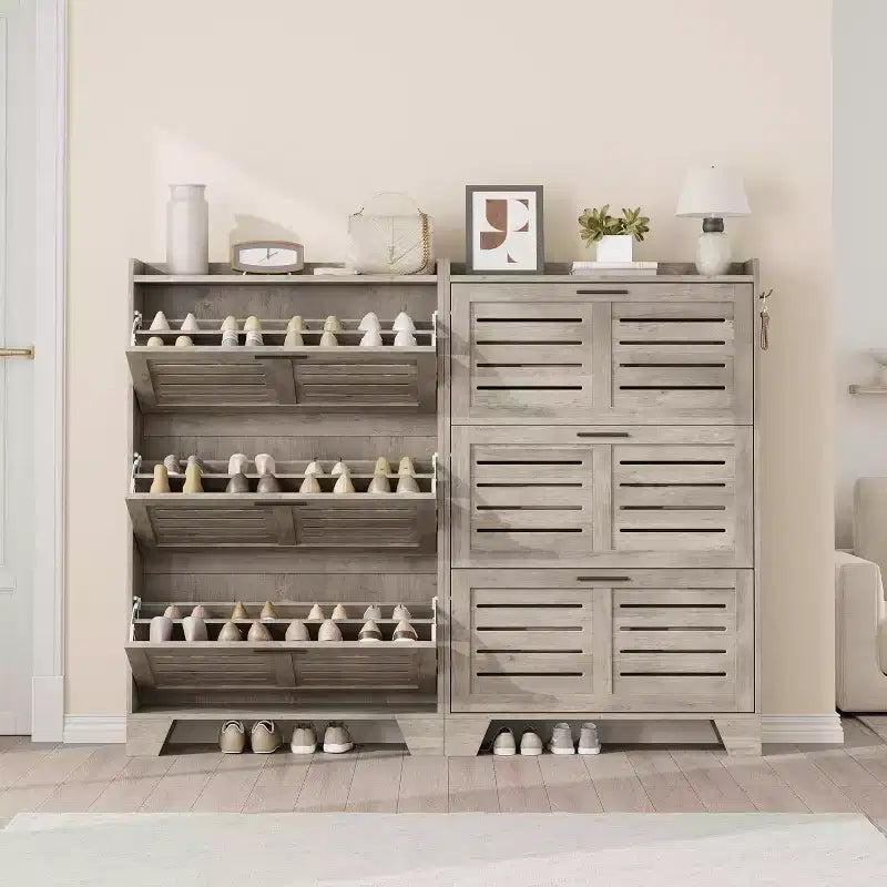 Meuble à chaussures à tiroirs basculants Acekool avec étagères réglables et portes à persiennes, organisateur d'entrée avec crochets
