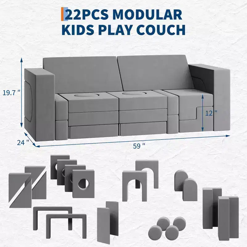 Canapé de jeu modulaire 22 pièces pour enfants, ensemble de jeu en mousse à escalader et à ramper, canapé d'escalade convertible lavable en mousse pour salle de jeux, salon