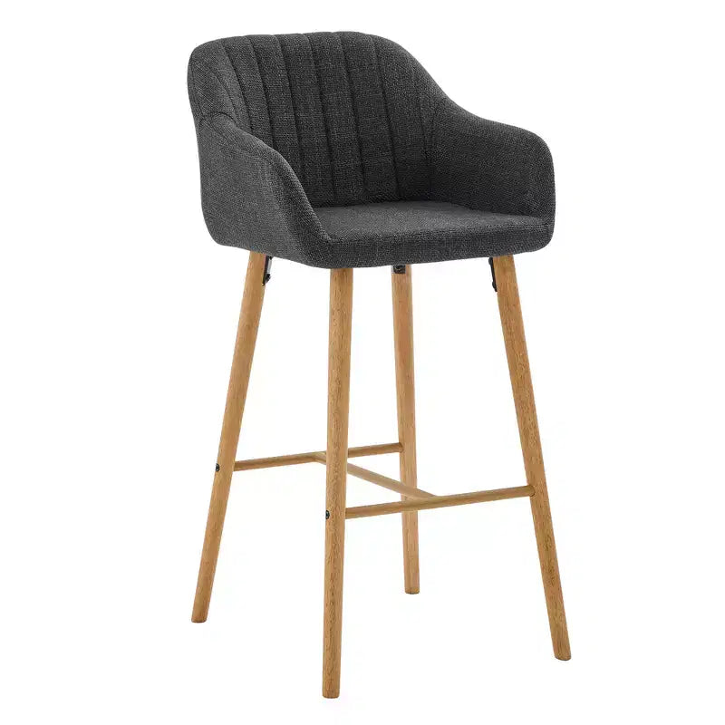 Tabourets de bar Zeus & Ruta en lin moderne rembourrés, lot de 2 avec dossier, accoudoirs et pieds en bois, hauteur îlot de cuisine