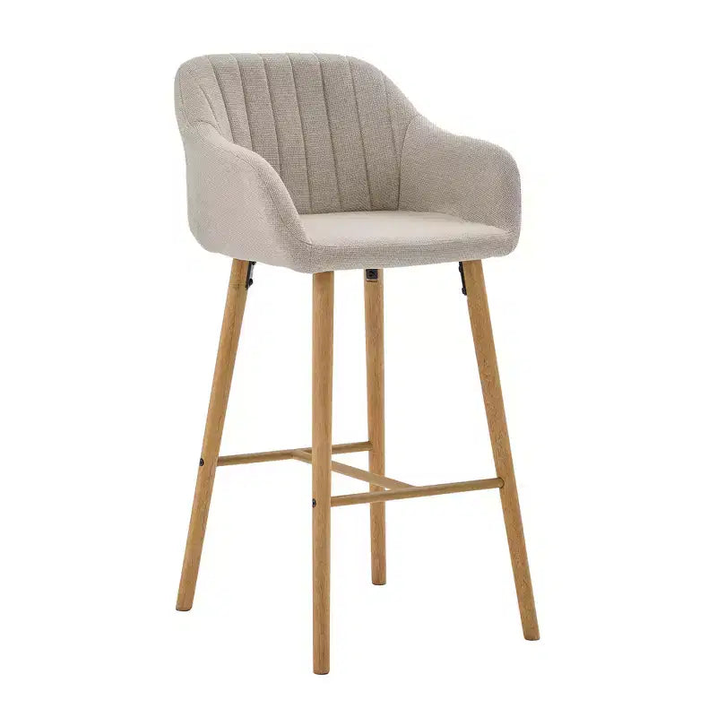 Tabourets de bar Zeus & Ruta en lin moderne rembourrés, lot de 2 avec dossier, accoudoirs et pieds en bois, hauteur îlot de cuisine