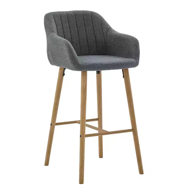Tabourets de bar Zeus & Ruta en lin moderne rembourrés, lot de 2 avec dossier, accoudoirs et pieds en bois, hauteur îlot de cuisine