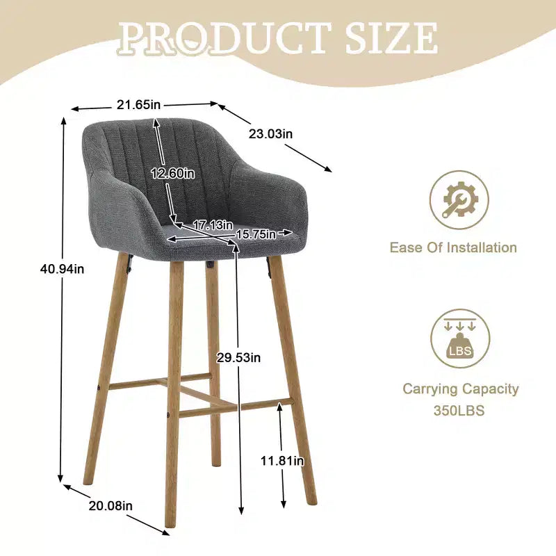 Tabourets de bar Zeus & Ruta en lin moderne rembourrés, lot de 2 avec dossier, accoudoirs et pieds en bois, hauteur îlot de cuisine