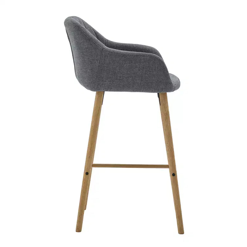 Tabourets de bar Zeus & Ruta en lin moderne rembourrés, lot de 2 avec dossier, accoudoirs et pieds en bois, hauteur îlot de cuisine