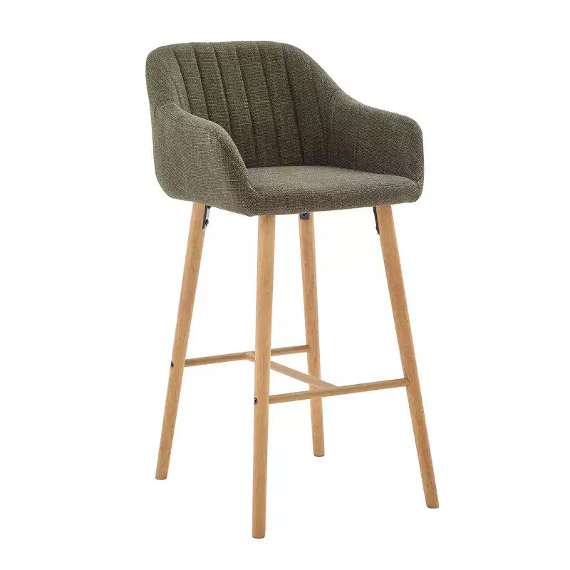 Tabourets de bar Zeus & Ruta en lin moderne rembourrés, lot de 2 avec dossier, accoudoirs et pieds en bois, hauteur îlot de cuisine