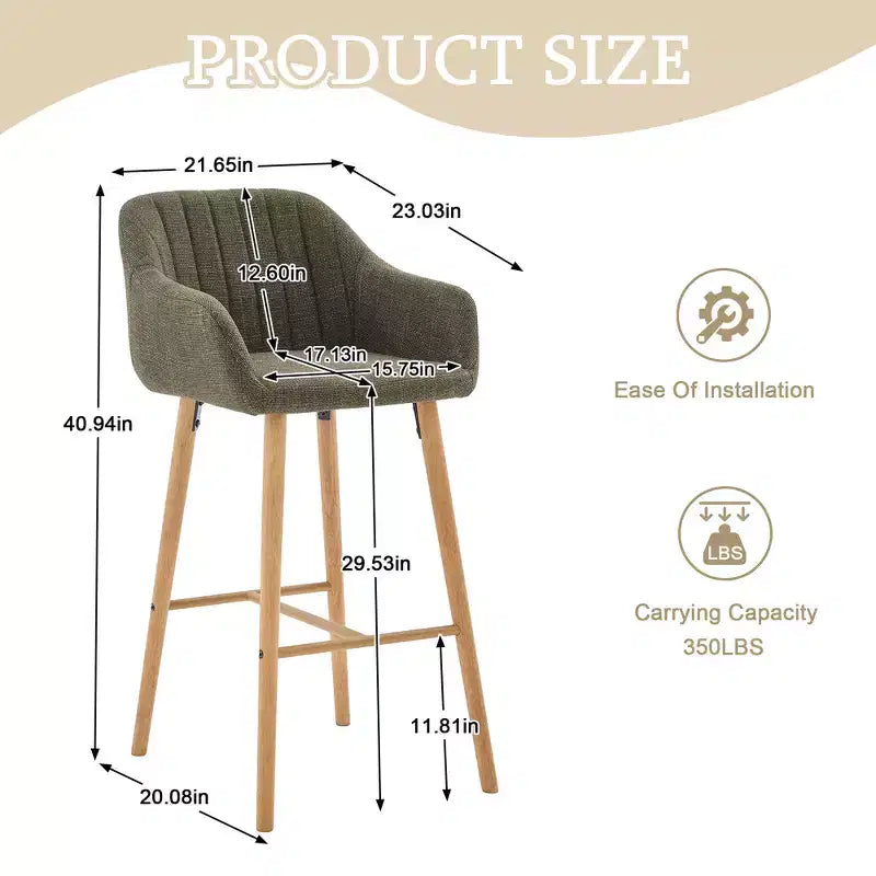 Tabourets de bar Zeus & Ruta en lin moderne rembourrés, lot de 2 avec dossier, accoudoirs et pieds en bois, hauteur îlot de cuisine