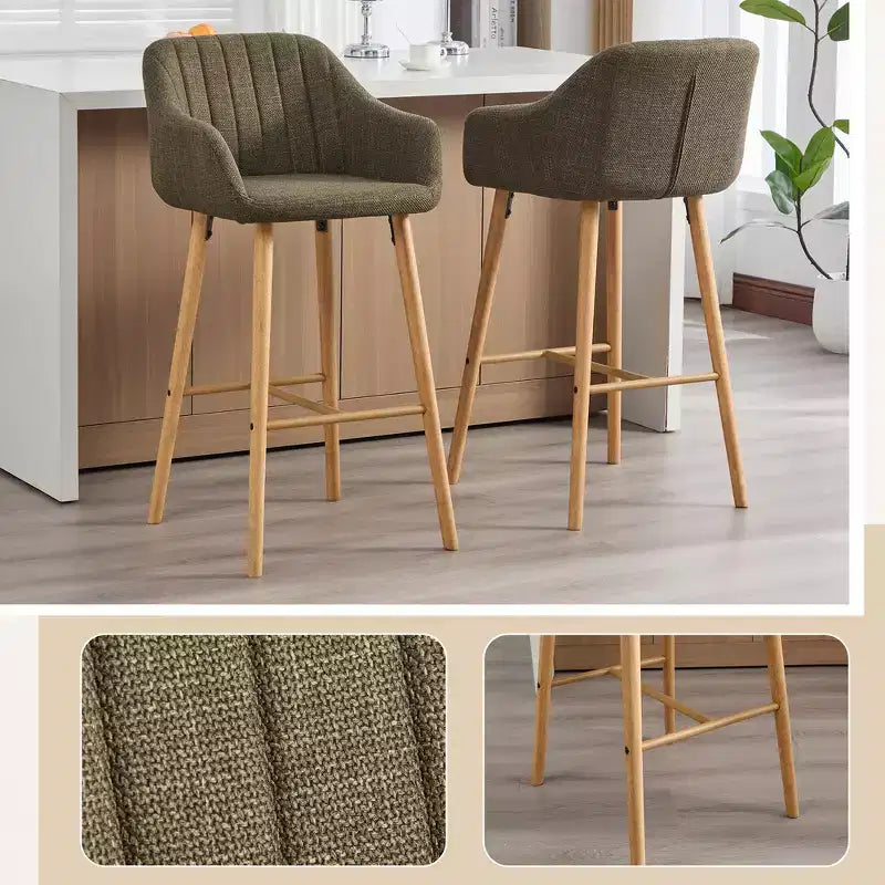 Tabourets de bar Zeus & Ruta en lin moderne rembourrés, lot de 2 avec dossier, accoudoirs et pieds en bois, hauteur îlot de cuisine