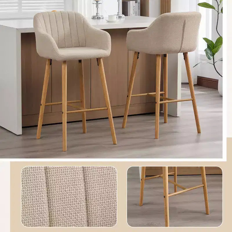 Tabourets de bar Zeus & Ruta en lin moderne rembourrés, lot de 2 avec dossier, accoudoirs et pieds en bois, hauteur îlot de cuisine